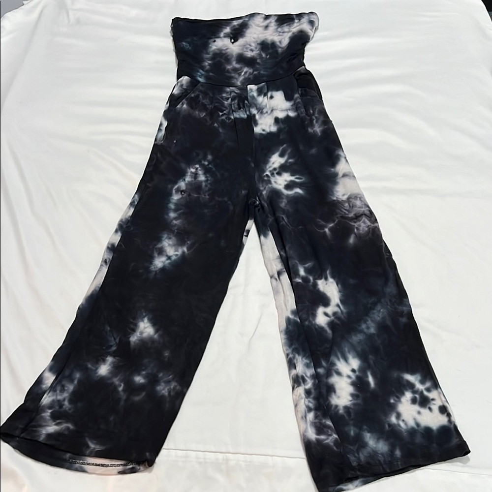 Tie-Dye Strapless Wide-Leg Jumpsuit in Black & White